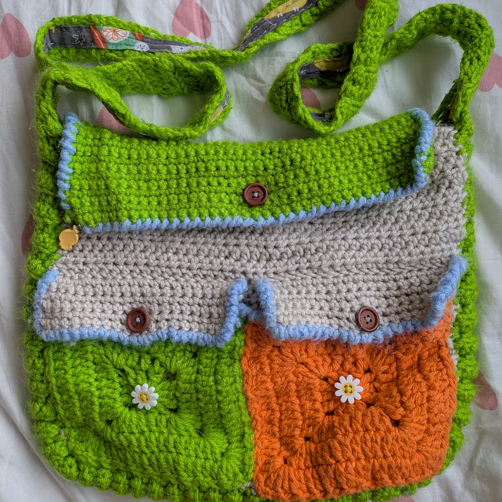 Handmade Crochet Bag - Green, Orange, and Cream